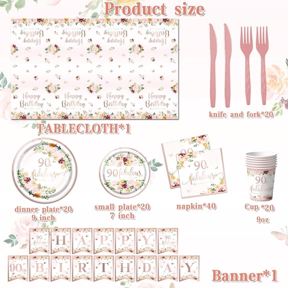 SHILIU-Rose Gold 90th Birthday Party Decorations - Tableware Set with Plates, Napkins, Tablecloth & Floral Table Decoration for Men & Women - 90 Fabulous Decorations