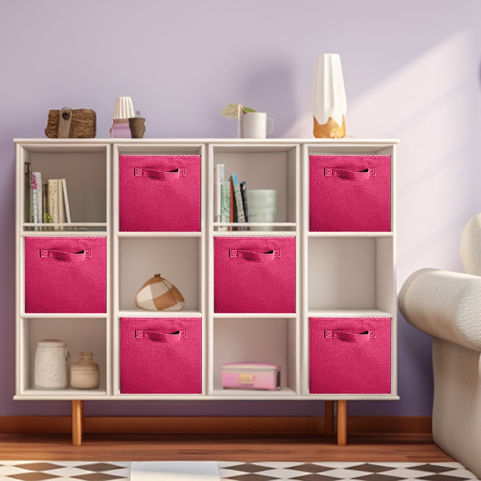 PinkSheep Collapsible Fabric Cube Storage Bins, Foldable Storage Cubes Organizer Bins Basket(13" x 13"), Hotpink, 6 Pack