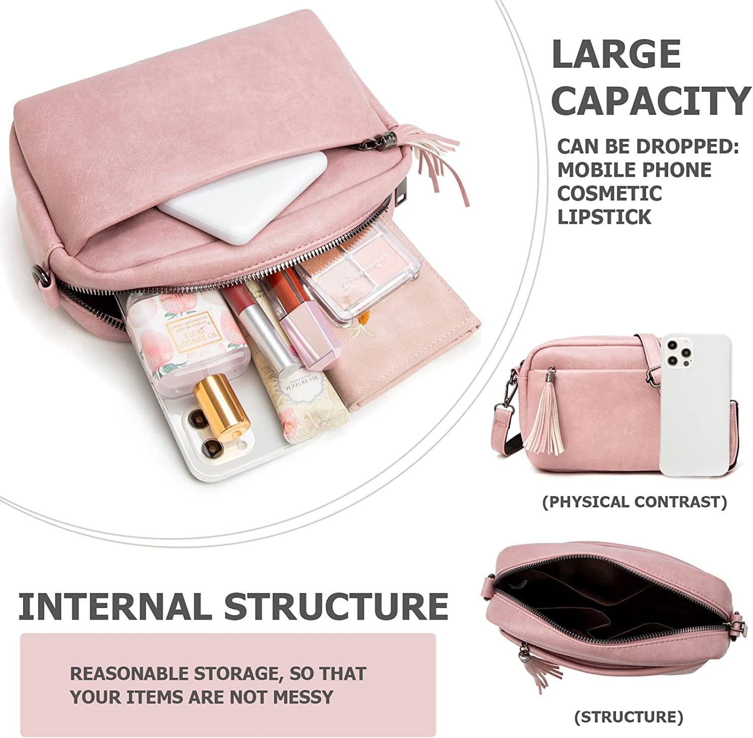 Lightweight Medium Crossbody Bag for Women, Camera Shoulder Purses Pocketbooks with Tassel and Triple Zipper Pocket