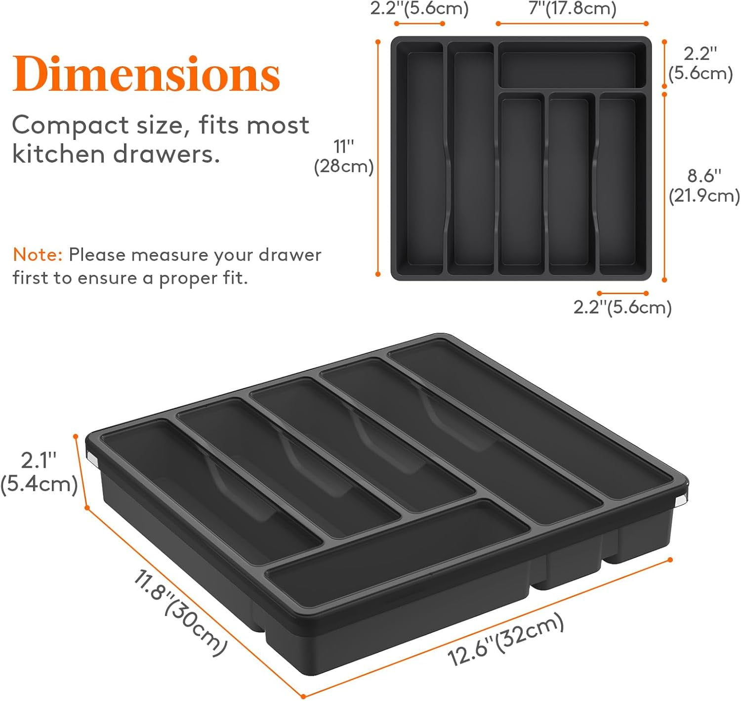Silverware Organizer with Lid, Covered Utensil Tray for Kitchen Drawer and Countertop, Plastic Cutlery and Flatware Storage Box for Spoons Forks Knives Holder Case, 12.6x11.8", Black