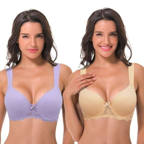 Curve Muse Women's Lightly Padded Underwire Lace Bra with Padded Shoulder Straps-2PK-Light Purple,Nude-34B