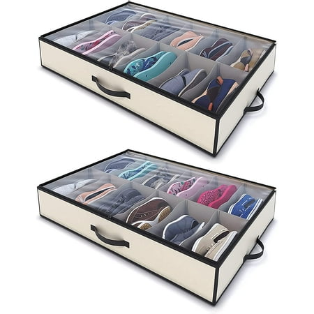 Woffit 12 Pair Under Bed Shoe Storage Organizer Box  Beige  Set of 2