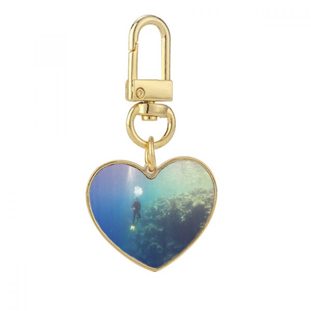 Océan Eau Plongée Science Nature Image Or Coeur Porte-Clés en Métal Porte-Clés