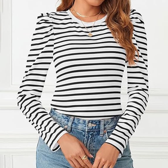 T Shirts for Womens Crew Neck Loose Tees with Puffy Sleeves Base Tops Striped Long Sleeve Shirt Women