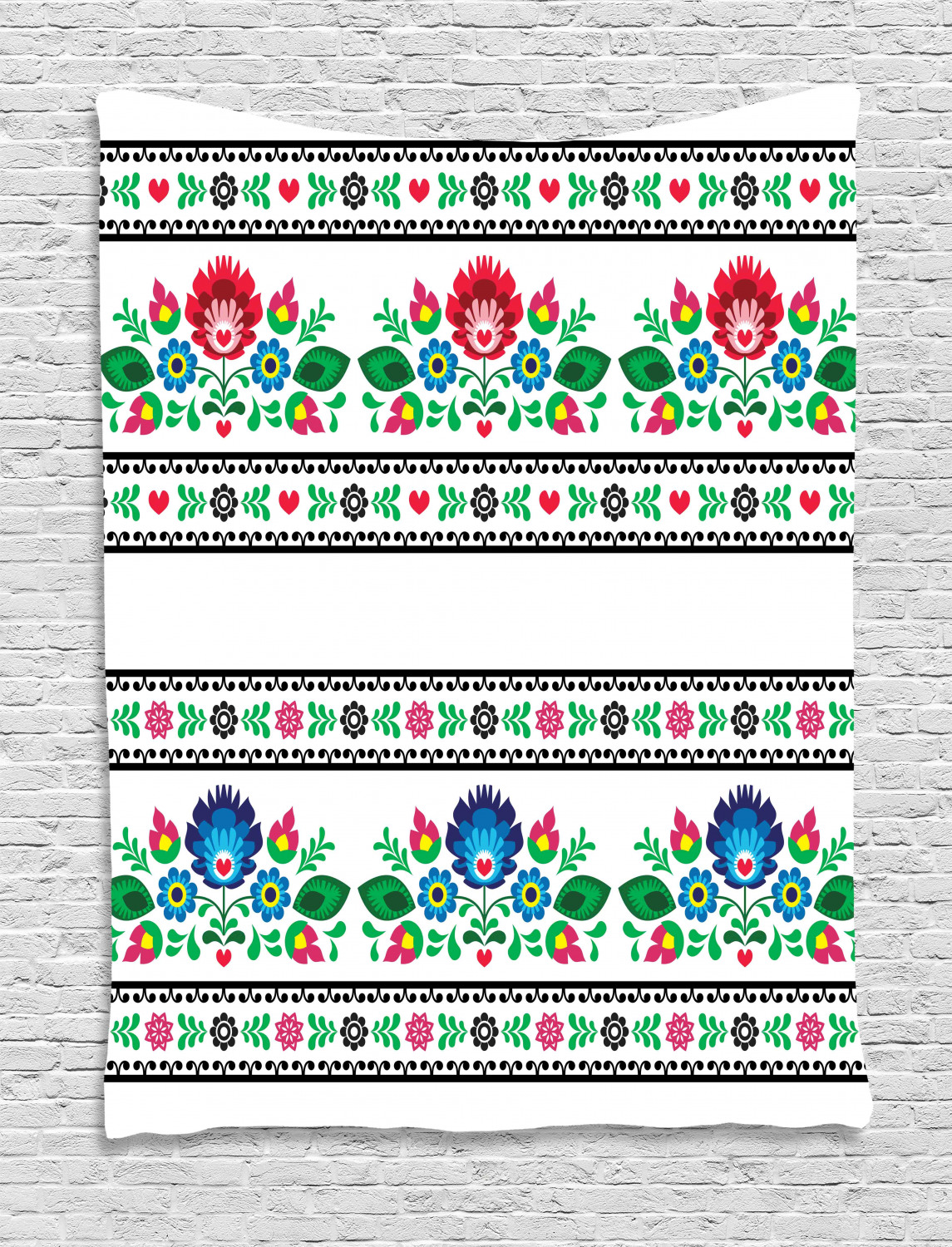 Polish Tapestry, Horizontally Arranged Polish Folk Pattern with Flowers