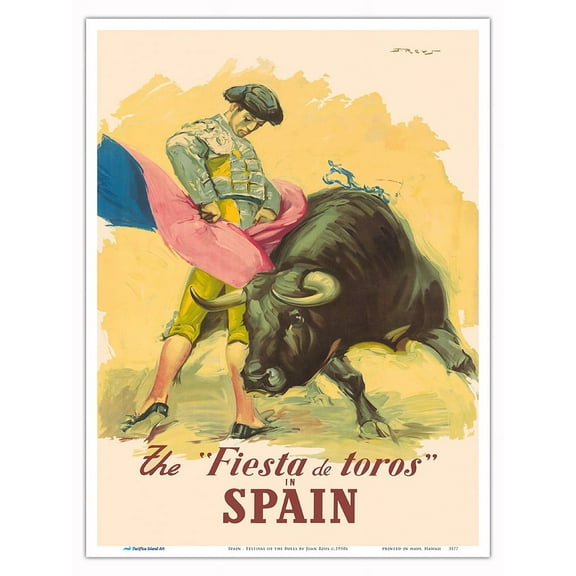 Spain - The Festival of the Bulls (Fiesta de Toros) - Vintage Travel Poster by Juan Reus c.1950s - Master Art Print (Unframed) 9in x 12in