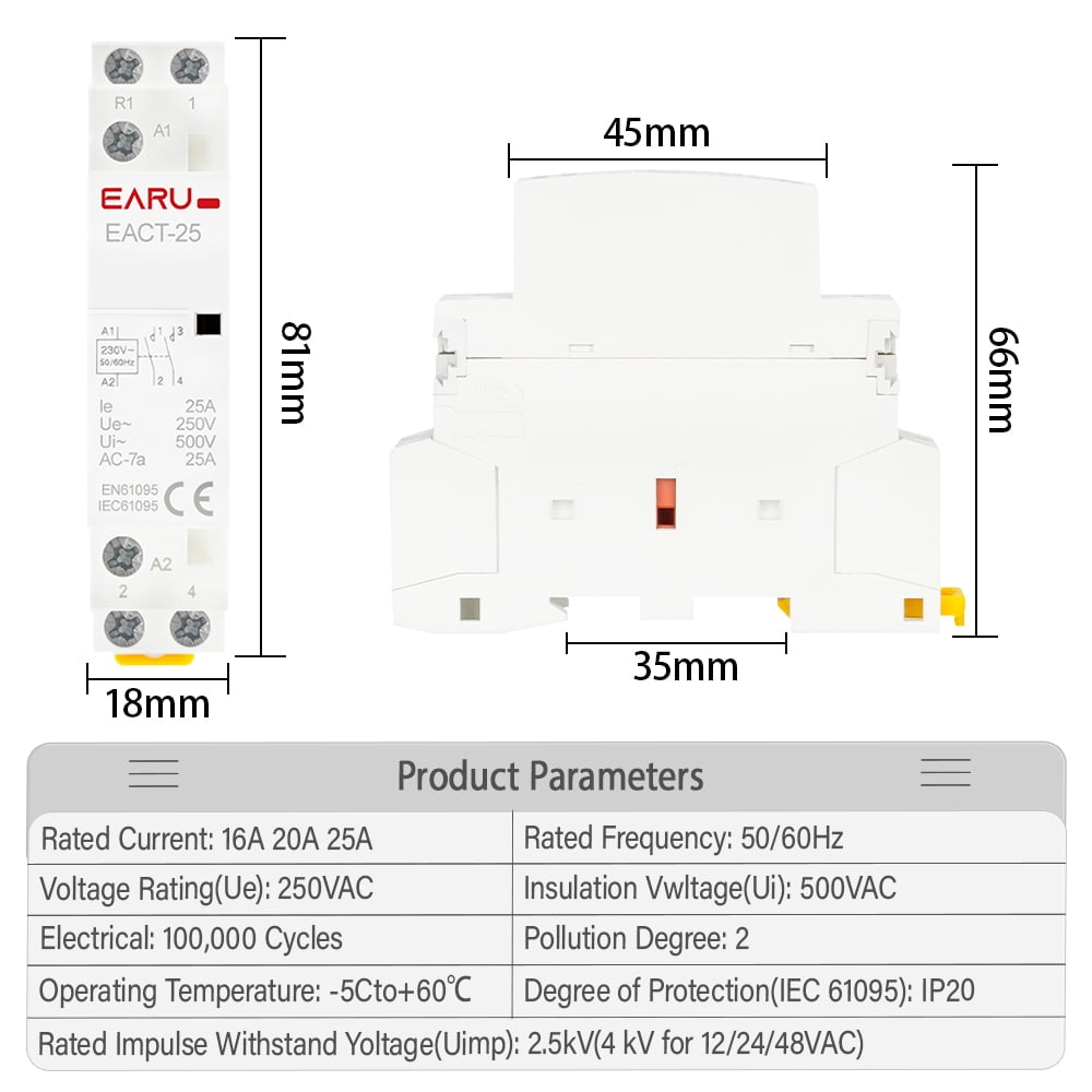 Din Rail Mounted Household Modular AC Contactor 2P 16A 20A 25A 2NO 2NC 1NO 1NC AC220V AC230V 50/60Hz For  Home House Hotel