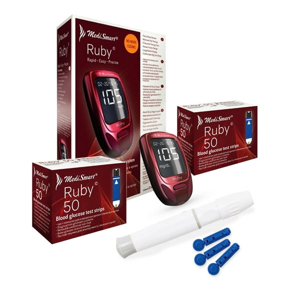 Kit Ruby - Glucómetro, 100 tiras reactivas, 100 lancetas, 1 Disparador - MediSmart