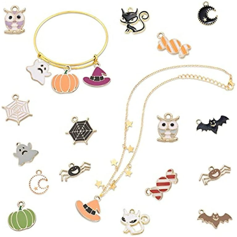 40Pcs Halloween Charms Bulk Colorful Alloy Enamel Bat Spider Hat Pumpkin  Ghost Cat Holiday Theme Pendants for DIY Halloween Decorations