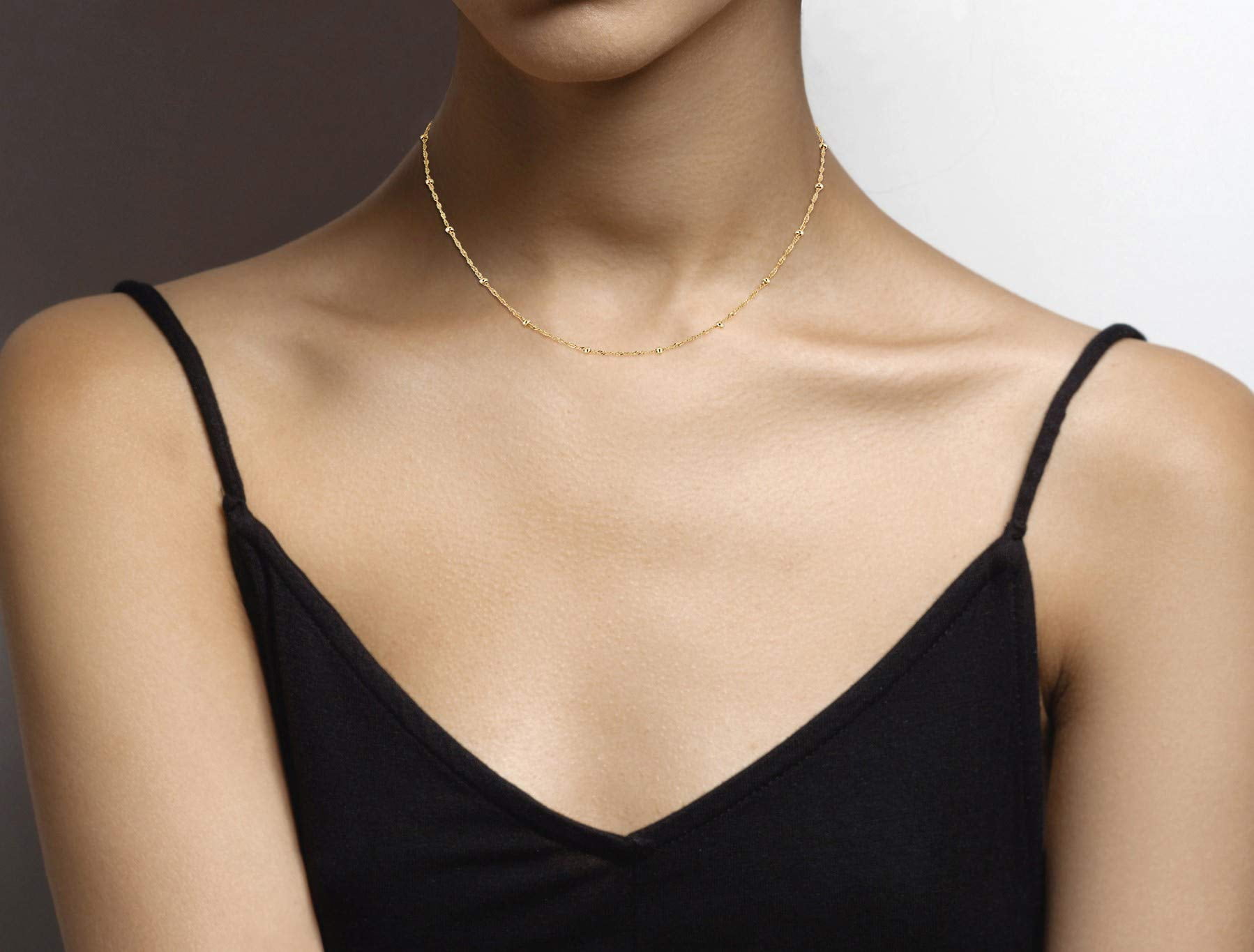 Miabella Italian 18K Gold Over Silver Italian Singapore Bead Chain Station Necklace for Women, Made in Italy (Length 16 Inch (women's choker length))