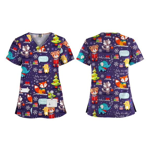 VIAOLI Women's Christmas Print Scrub Top - V-Neck Top with Pockets & Split Hem, 13 Colors