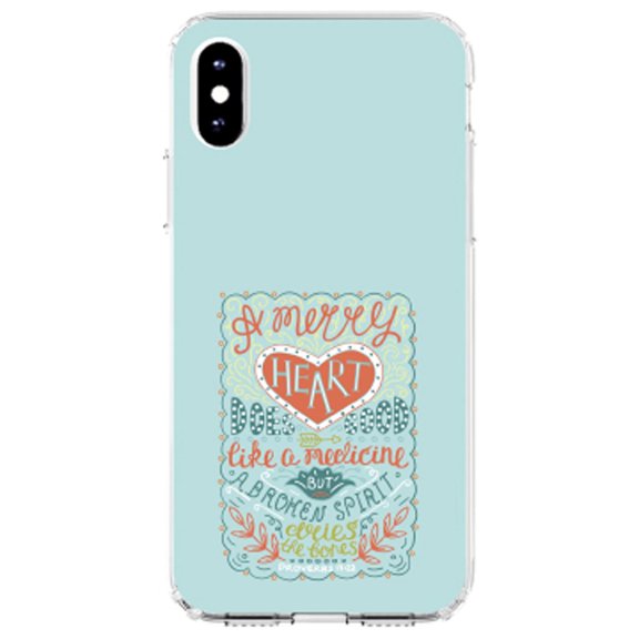 DistinctInk Clear Shockproof Hybrid Case for iPhone X / XS (5.8" Screen) - TPU Bumper, Acrylic Back, Tempered Glass Screen Protector - Proverbs 17:22 - A Merry Heart Does Good