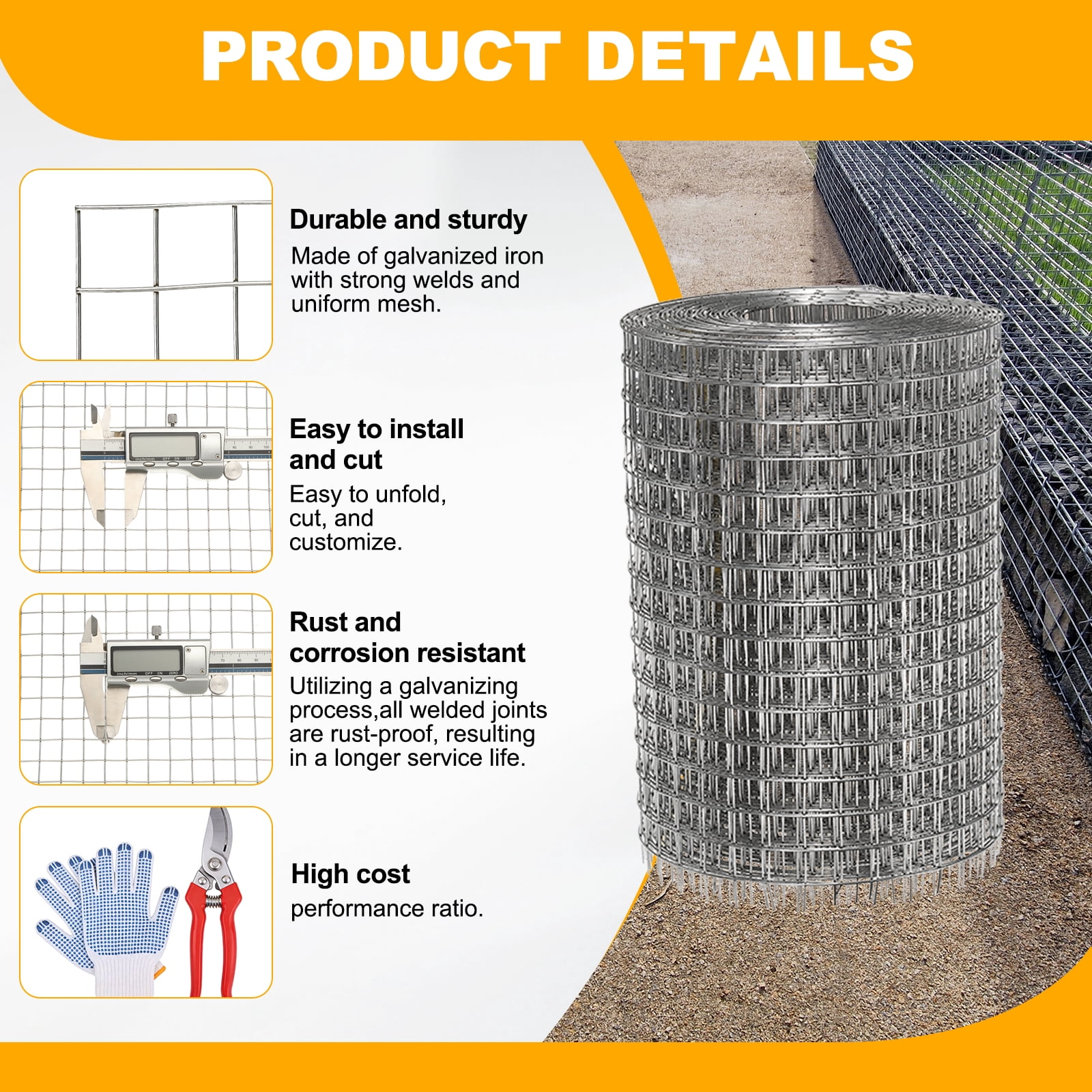 Uxcell Hardware Cloth 8" x 25' 19GA Galvanized Steel Wire Mesh 1/2" Mesh Chicken Wire Fence Poultry Netting Rabbit Fence for Garden Flower Bed Snake Rat Protection Gutter Guard DIY Crafts