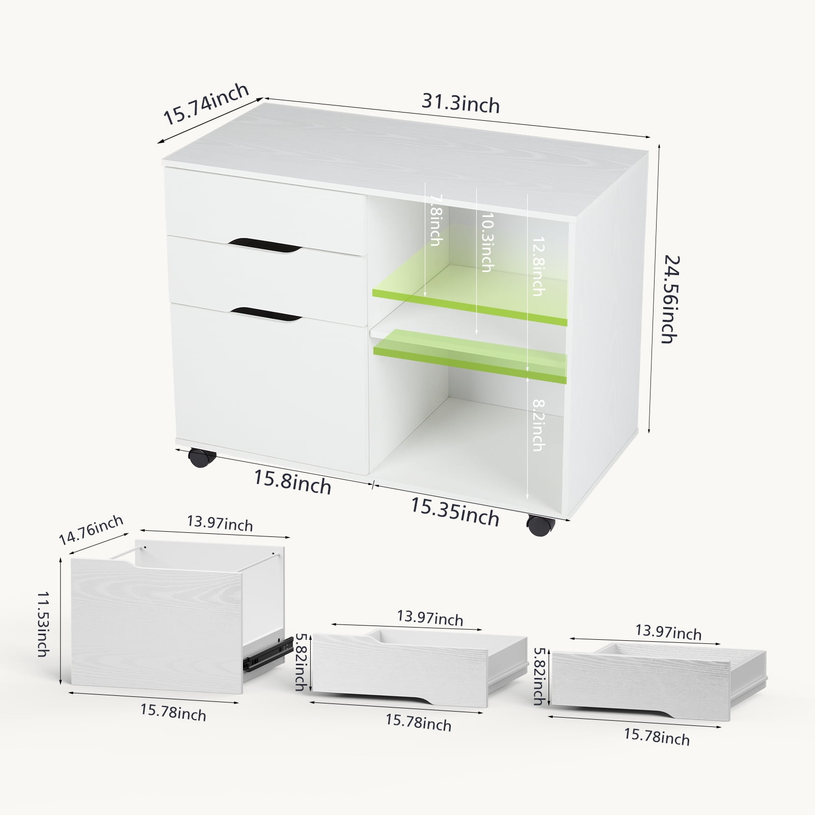 CONCETTA 3 Drawer Mobile File Cabinet with Lock, Under Desk File Storage for Letter/Legal/A4, Home Office, White