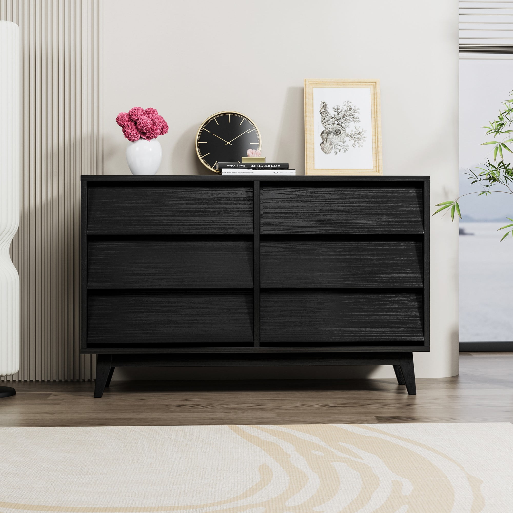 Finihen 6 Drawer Double Dresser Features Vintage-style and Bevel Design, Dresser For Nursery, Kids, Chest Of Drawers, Black Finihen 6 Drawer Double Dresser Features Vintage-style and Bevel Design, Dresser For Nursery, Kids, Chest Of Drawers, Black