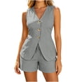 thumbnail image 2 of Karymi Jumpsuits for Women Dressy 2 Piece Solid Slim Fit Outfit Set, V Neck Sleeveless Single Breasted Button Down Vest Top+Drawstring High Waist Relaxed Shorts Plus Size Tops for Women, 2 of 6