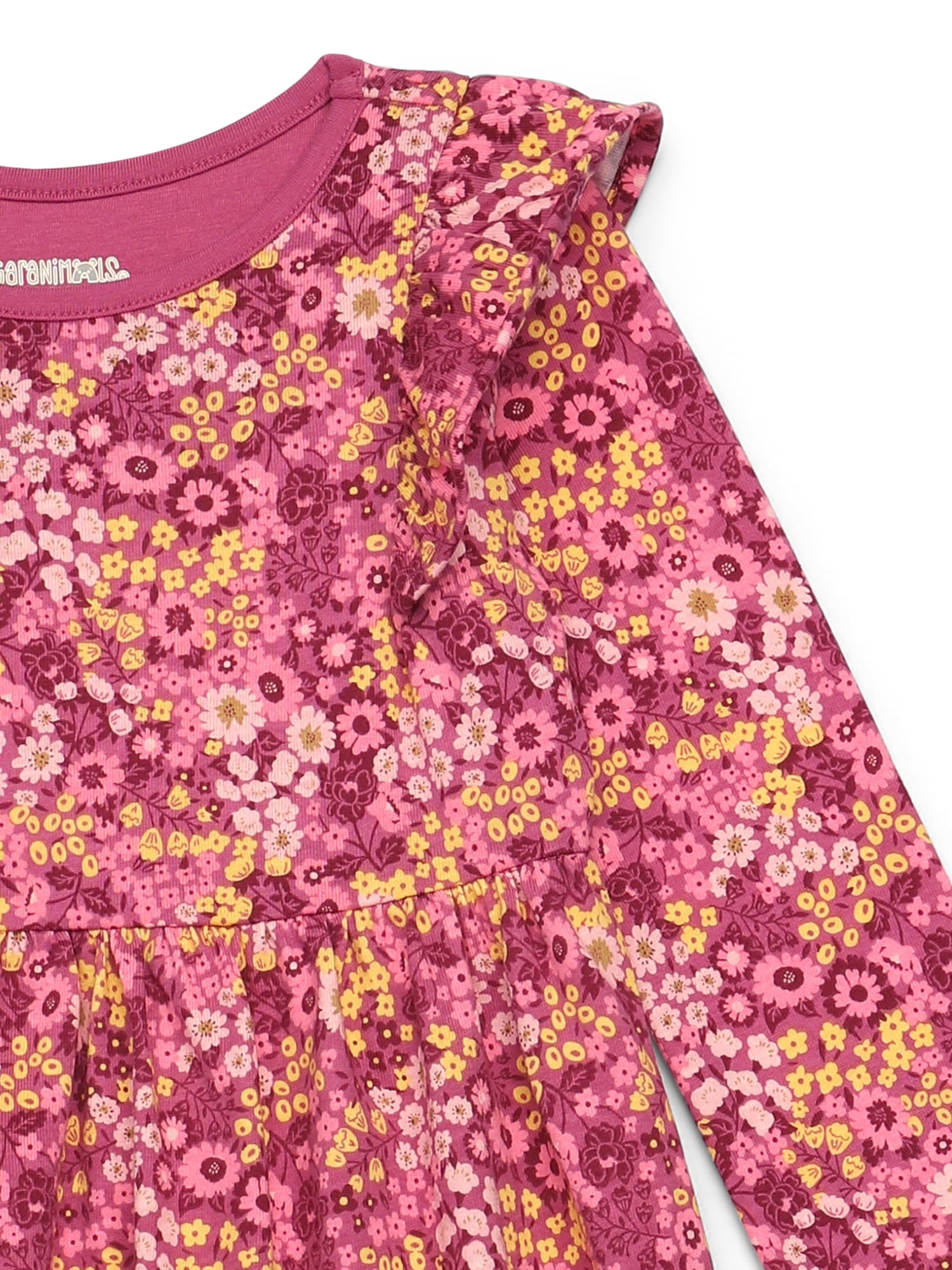 Garanimals Toddler Girl Long Sleeve Printed Dress with Ruffle Shoulders, Sizes 18M-5T