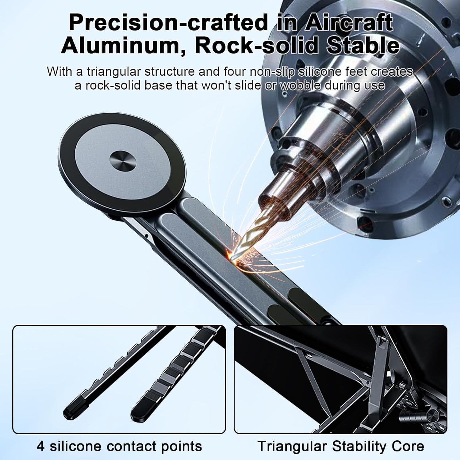 Foldable Laptop Stand for Desk, 3 in 1 Portable Holder for Laptop, Tablet & Phone with Magnetic Mount, Aluminum Alloy Holder with 8 Height Adjustment for 10–16" Laptops and 4–13" Phones/Tablets