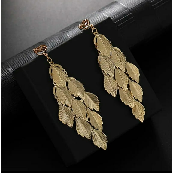 Clip on gold 4" long textured indented line pointed leaf earrings
