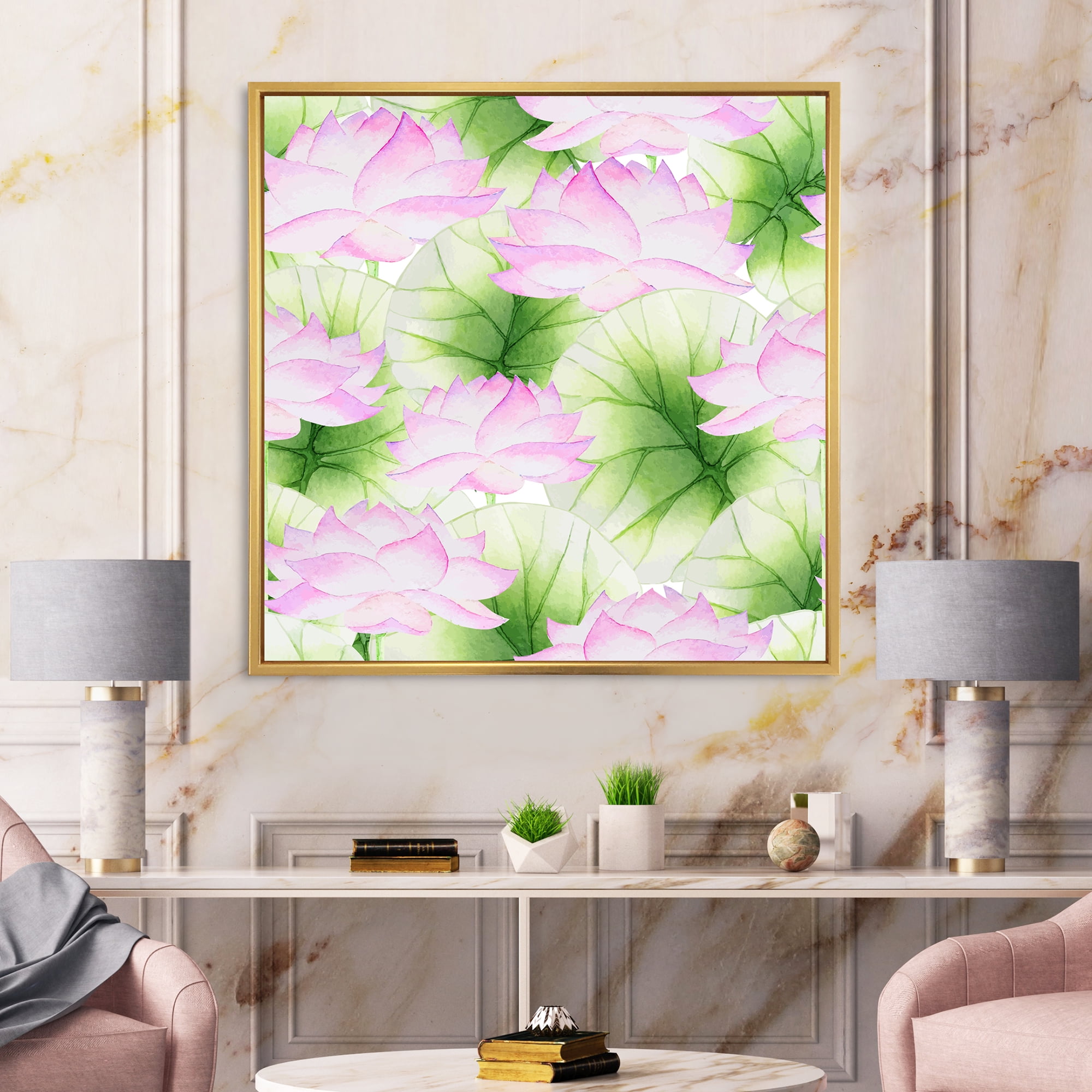 Ancient Pink Lotuses In The Pond IX 36 in x 36 in Framed Painting Canvas Art Print, by Designart
