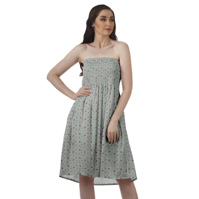 Moomaya Robes Tube Top pour Femmes Robe d'Été de Plage Poly Crêpe Décontractée Robe d'Été