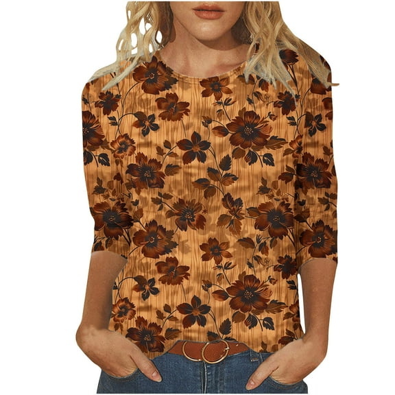 CYMMPU Loose Fit Round Neck Summer Trendy Shirts 3/4 Sleeve Blouses for Women Dressy Casual Floral Pattern Tunic Tops Spring Tops Lightweight Basic Tees Multicolor S