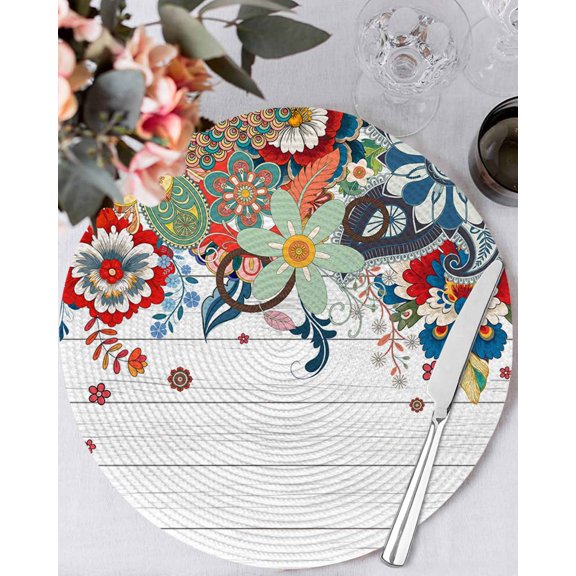 13 Inch Round Placemats Set of 6, Boho Flowers Non Slip Heat Insulation PP Table Mats, Bohemian Abstract Floral Vintage Wood Plank Washable Place Mats for Kitchen Dining Party Table Decor