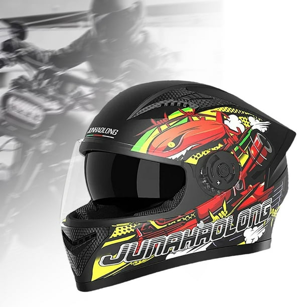 Casco de motocicleta/casco de bicicleta de calle/cómodo, transpirable, antivaho, ligero, abatible hacia arriba, viseras dobles para adultos Negro con estampado DYNWAVEMX Cascos Integrales