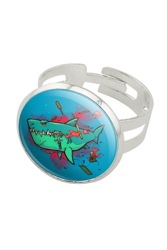 Shark Shipwreck With Debris Harpoon and Anchor Silver Plated Adjustable Novelty Ring