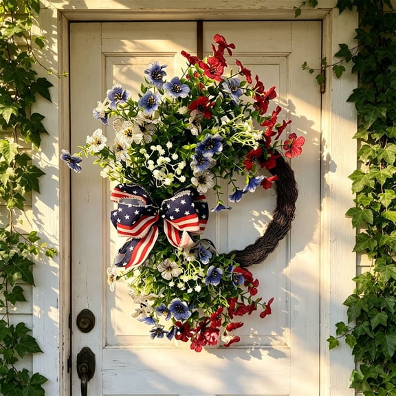 erdimoy 17.7" Patriotic Red White Blue Wildflower Wreath with Star & Stripe Bow, 4th of July Independence Day Door Wreath for Front Porch & Home Decor