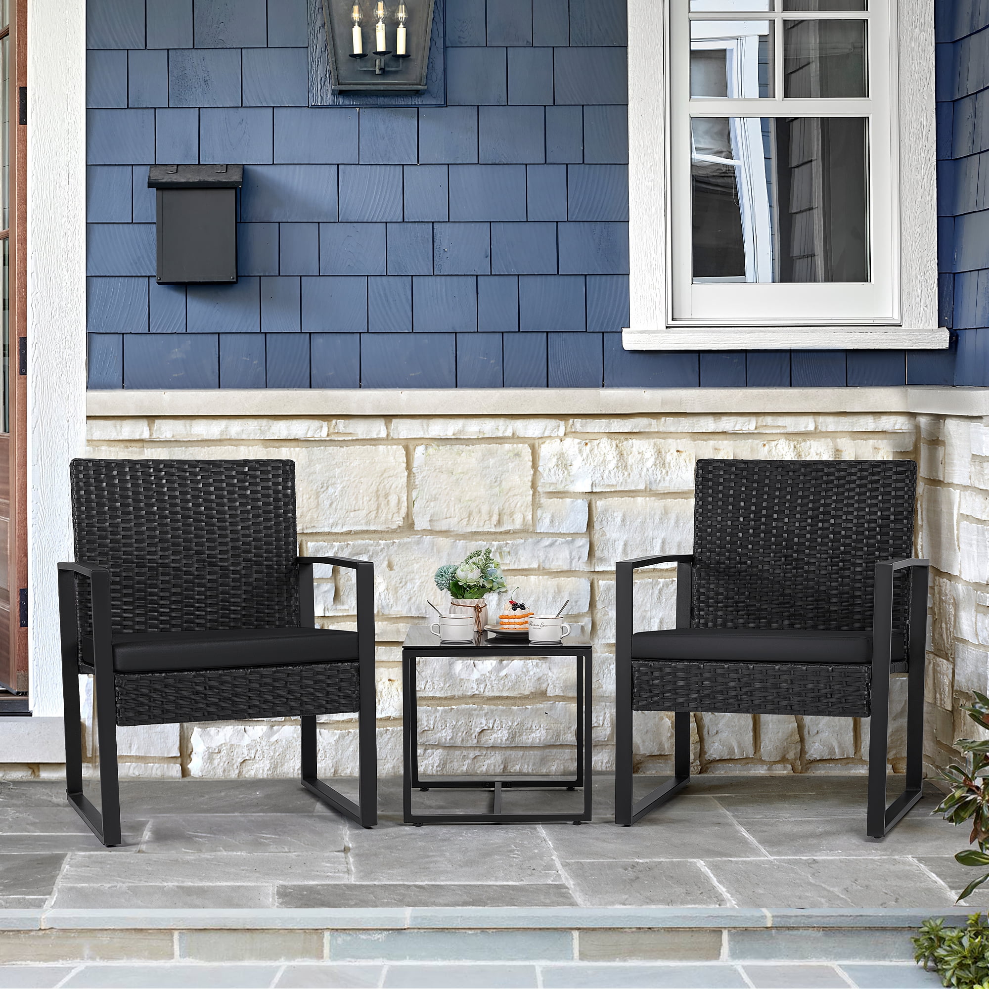Lacoo 3 Pieces Outdoor Bistro Chair Set PE Rattan Patio Conversation Set of 2 with Cushion and Coffee Table, Black