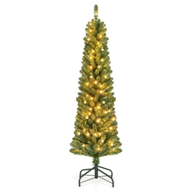 Costway Árbol de Navidad tipo lápiz de 150 cm con 295 puntas de ramas de alambre con memoria 110 luces LED para el hogar