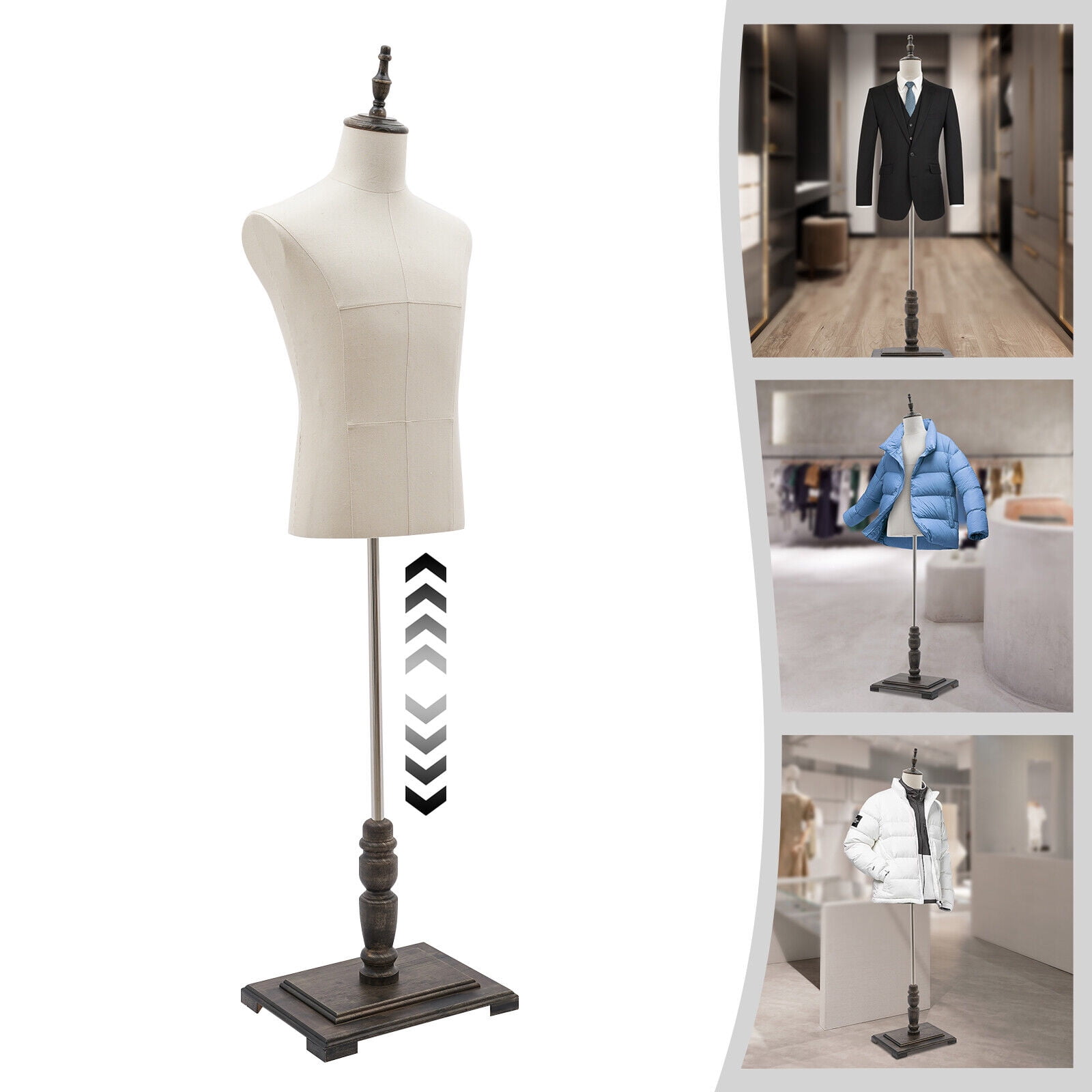 70" Height Adjustable Male Mannequin Torso Dress Form Mannequin Body with Retro Solid Wood Stand, Clothing Manikin for Market Shop Window Display(Beige Thick Linen, W:16.93in)