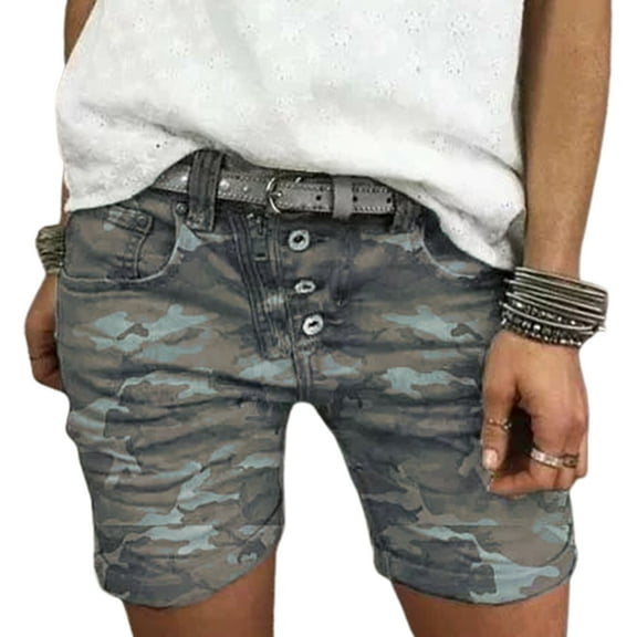 Fusipu High Waist Camouflage Print Women Shorts All-matched Stretchy Buttons Denim Shorts Streetwear