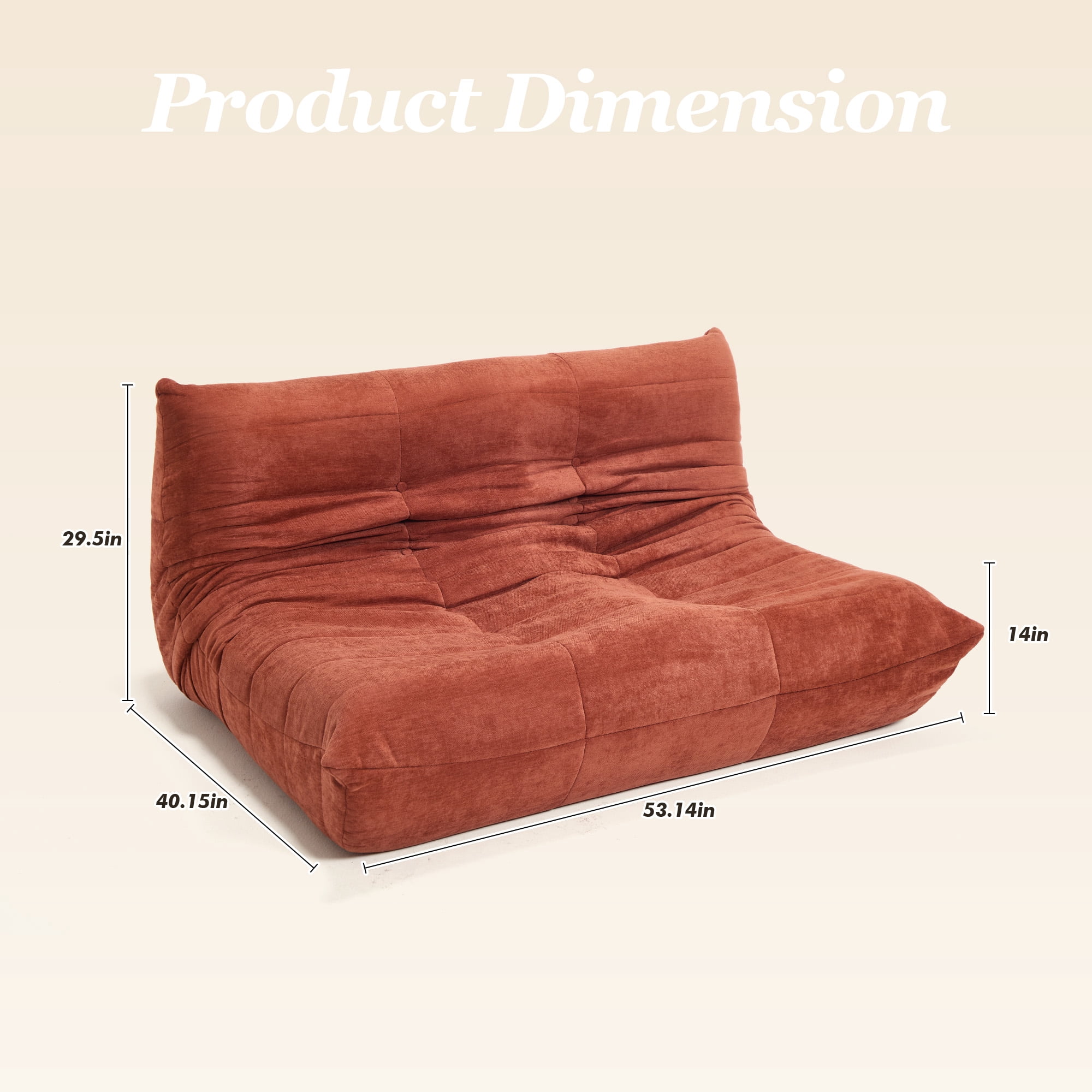 MOONMISS 53.14" Chenille Upholstered Oversized Lazy Sofa, 2-Seater Floor Sofa, Deep Seat Floor Bean Bag Loveseat for Cozy Home Decor, Orange