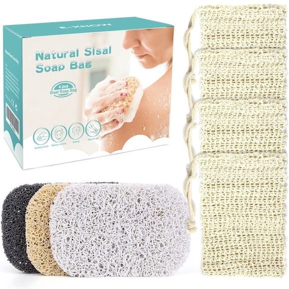 E-KNOW Bolsa ahorradora de jabón Bolsa de jabón Exfoliante corporal para barra de jabón o Esponja exfoliante corporal para levantamiento de jabón para baño o ducha Paquete de 4 bolsas de jabón + 3 alm