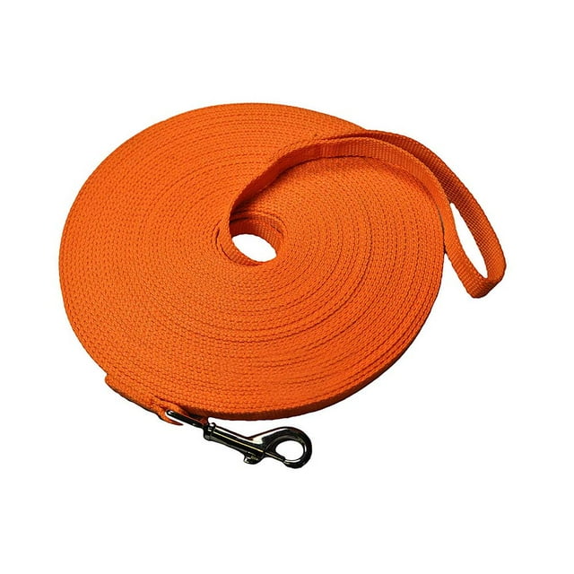 50 Feet Cotton Web Dog Training Lead in orange, featuring a durable 100% cotton web design for strength and control of large dogs. Includes a swivel-style bolt snap to resist twisting and a looped handle for secure grip. Measures 5/8-inch in width, ideal for distance training.