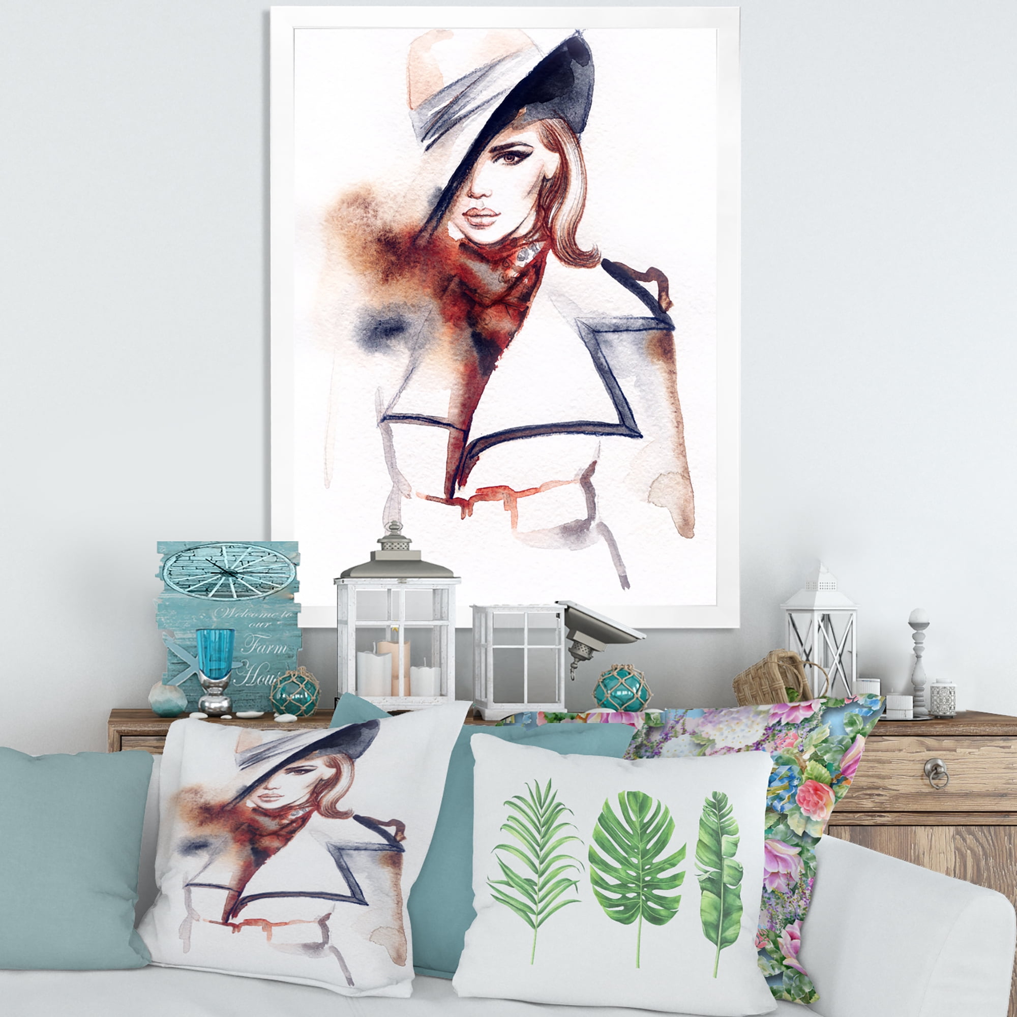 Fashion Portrait of Woman Wearing Hat 16 in x 32 in Framed Painting Canvas Art Print, by Designart