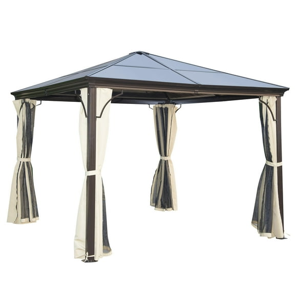 Outsunny 10 x 10 ft Hard Top Gazebo Canopy Heavy Duty Shelter Sun Shade w/ Curtain