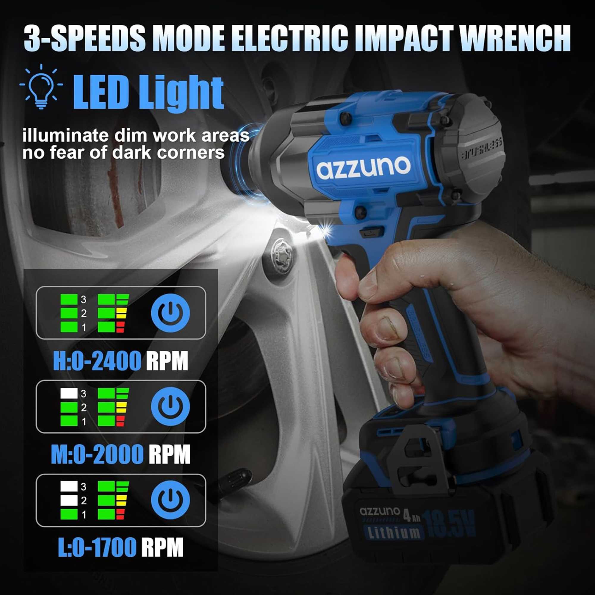 AZZUNO Impact Wrench Max 737 Ft-lbs(1000N.m) 1/2 inch Brushless High Torque Electric Impact Wrench, Powerful Cordless Impact Driver with 2x4Ah Batteries