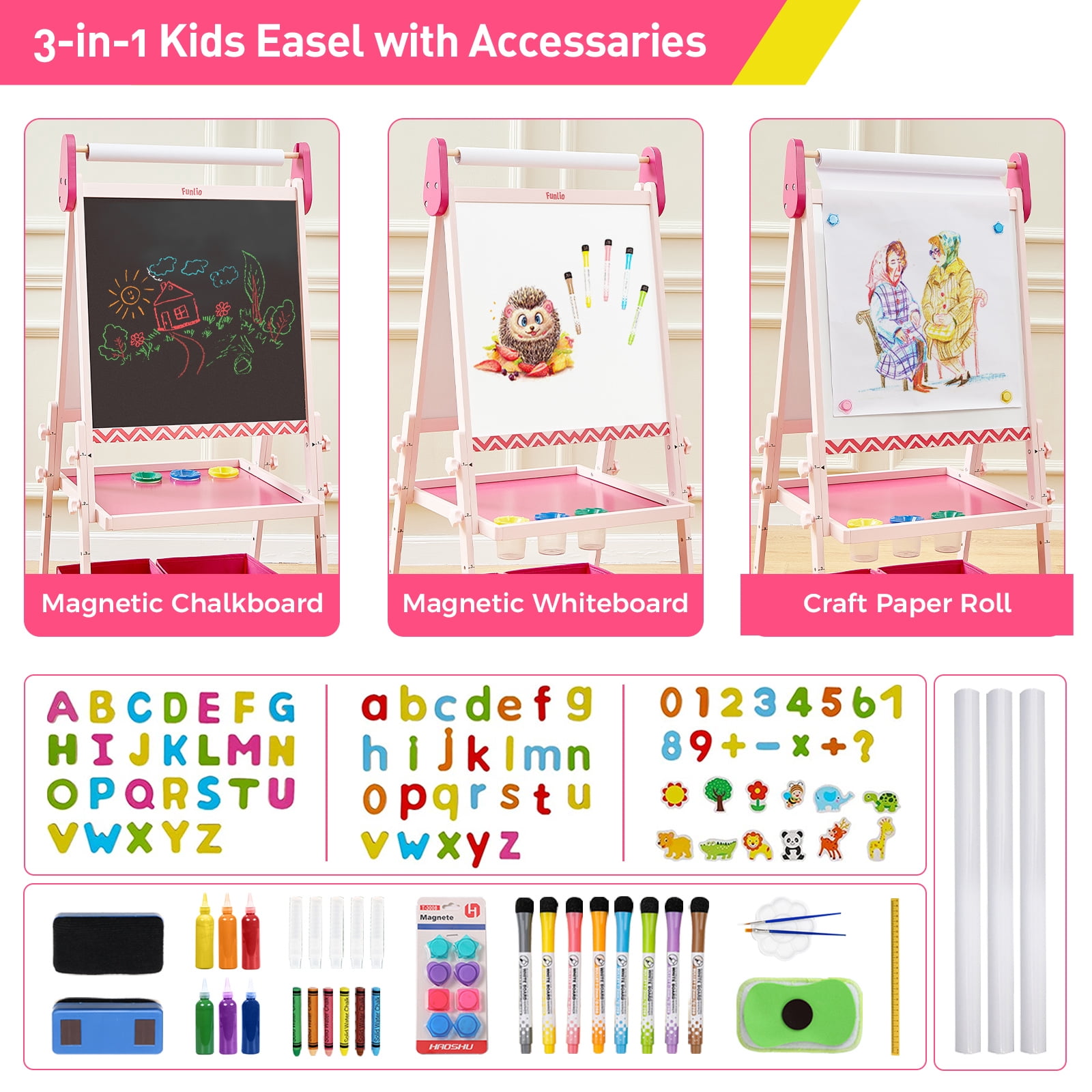 FUNLIO Kids Art Easel, 3 Height Adjustable for Kids Aged 2-8, Toddler Easel with Paper Roll, Anti-Warp & Magnetic Chalkboard/Whiteboard, All-in-One Standing Easel with Erasable Frame (Pink)