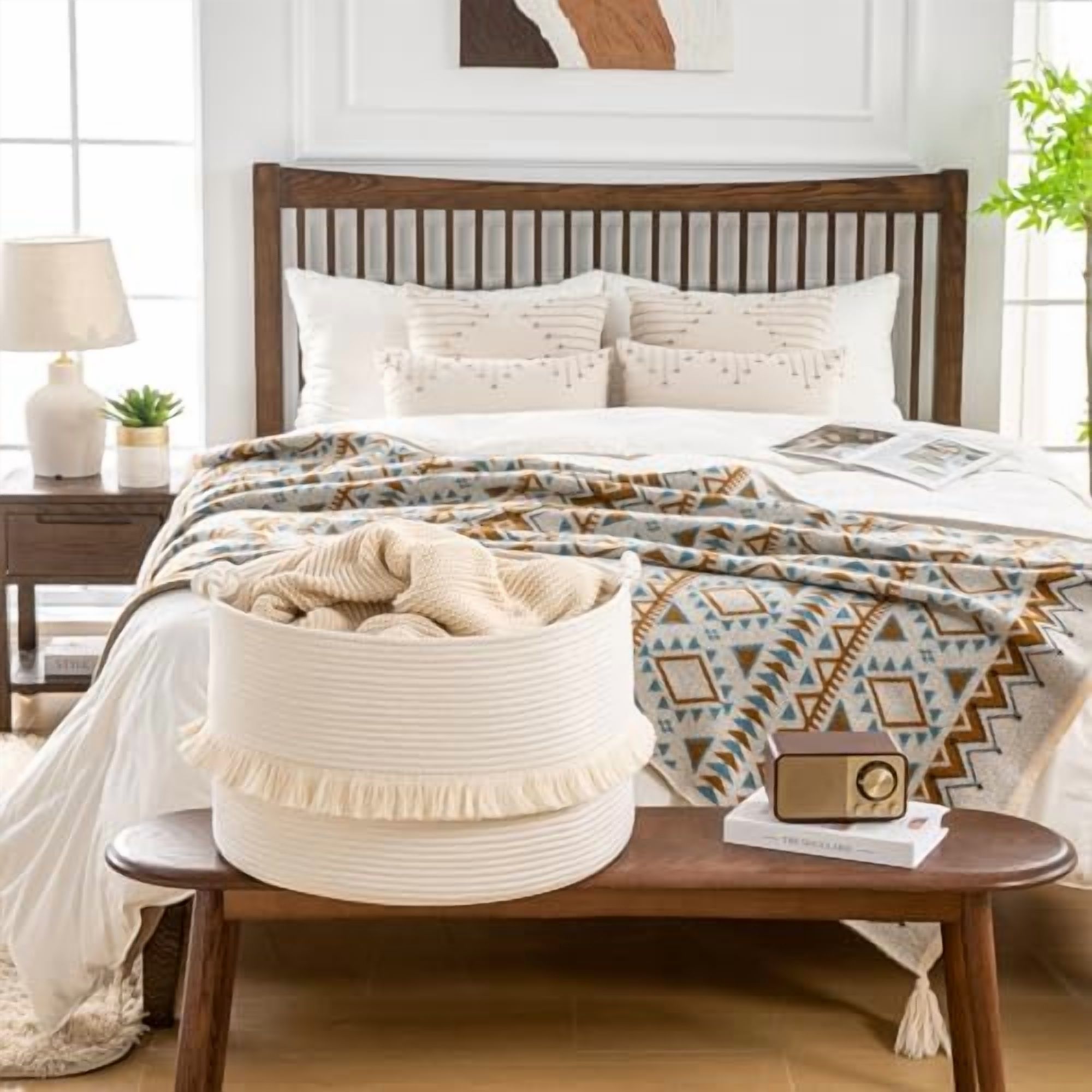 Large Blanket Basket (20"x13"),Woven Baskets for storage Baby Laundry Hamper, Cotton Rope Blanket Basket for Living Room, Laundry, Nursery, Pillows, Baby Toy chest (White)