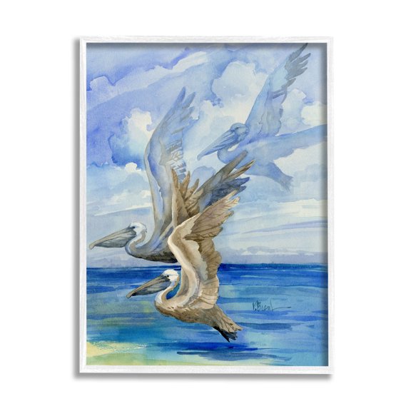 Stupell Industries Pelicans Trio Over Ocean Shore Painting White Framed Art Print Wall Art, Design by Paul Brent