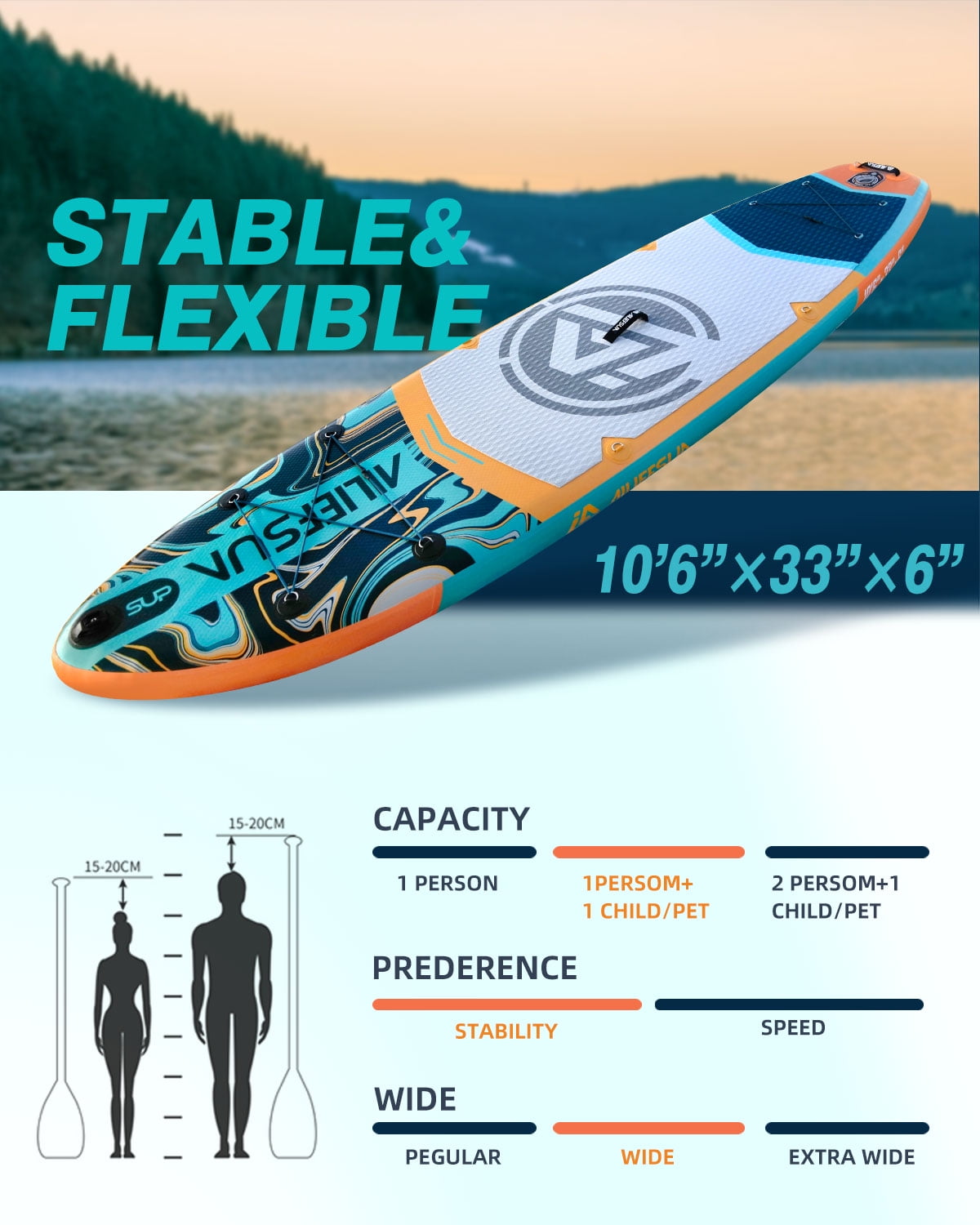 AILIEFSUN Emerald Wave 10'6”*33”*6“Ailiefsun Stand Up Paddle Board Inflatable Stable Sup Board with Fishing Paddleboards Accessories for Adults Youth Wide Non-Slip Deck Surfboard
