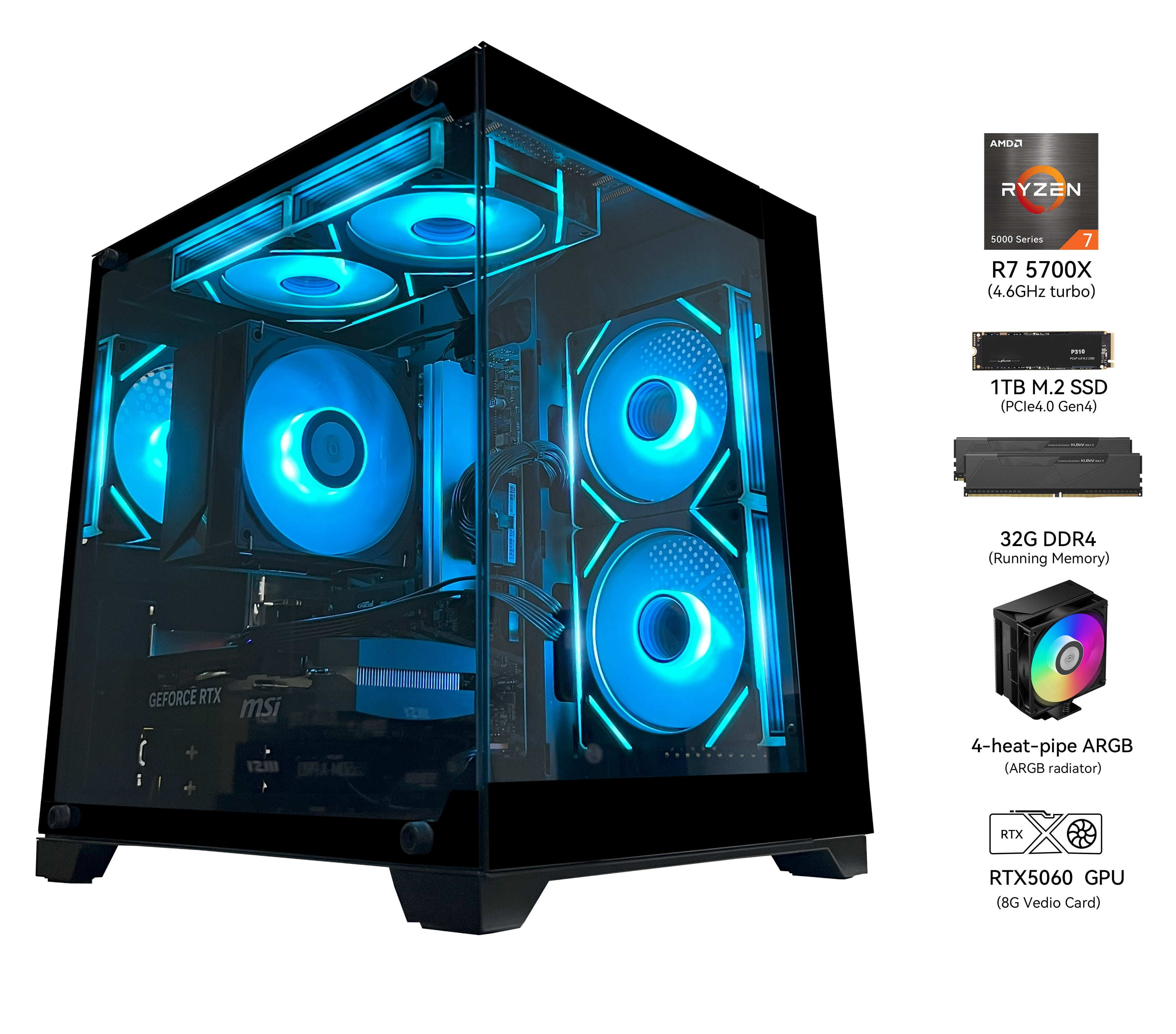 YAWYORE Gaming PC Desktop computer AMD Ryzen 7 5700X RTX 5060 32GB RAM 1TB M.2 SSD Wifi PC Gaming Black