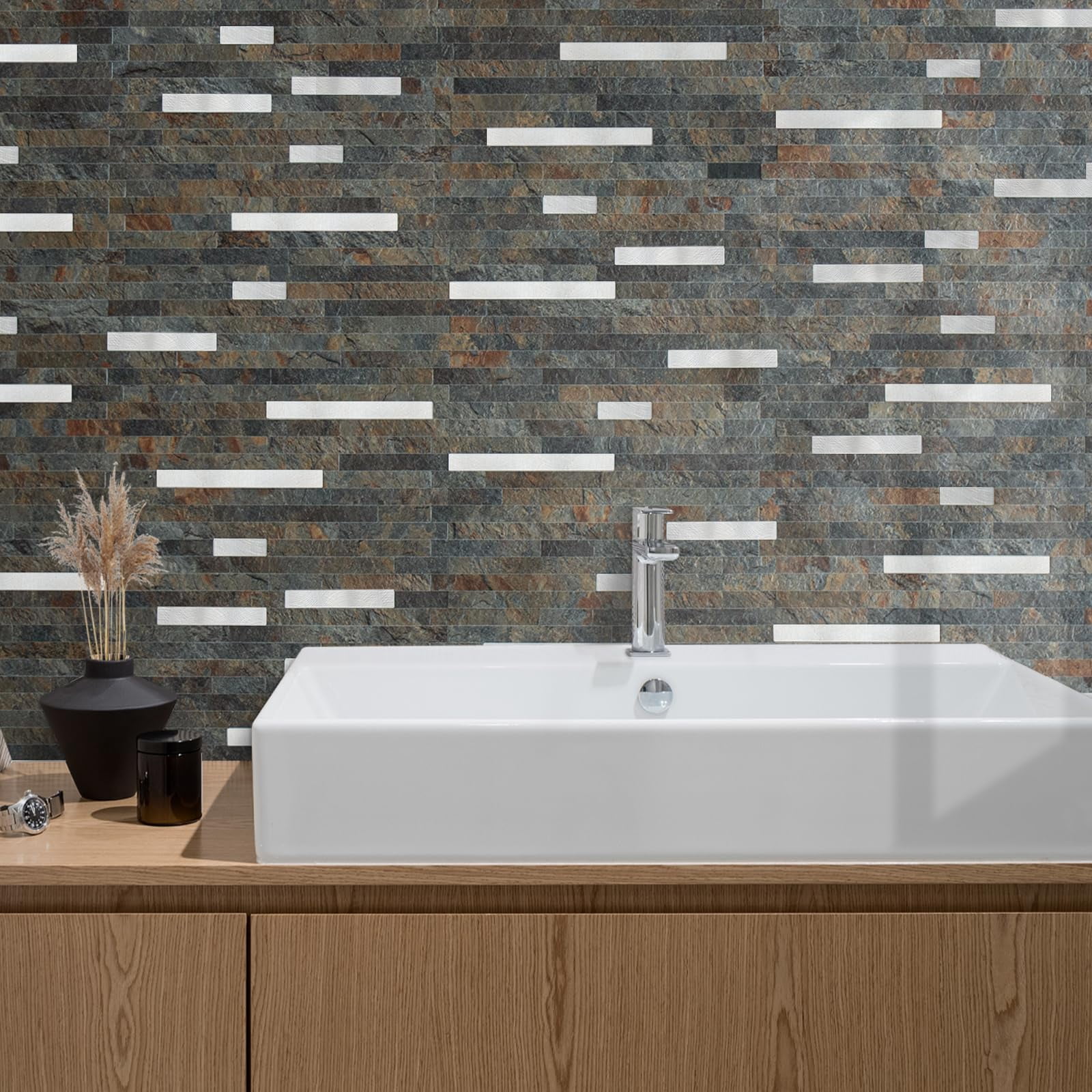 20 Sheets Rust Slate Peel And Stick Backsplash  Pvc Mixed Metal Wall Tile On For Kitchen Bathroom