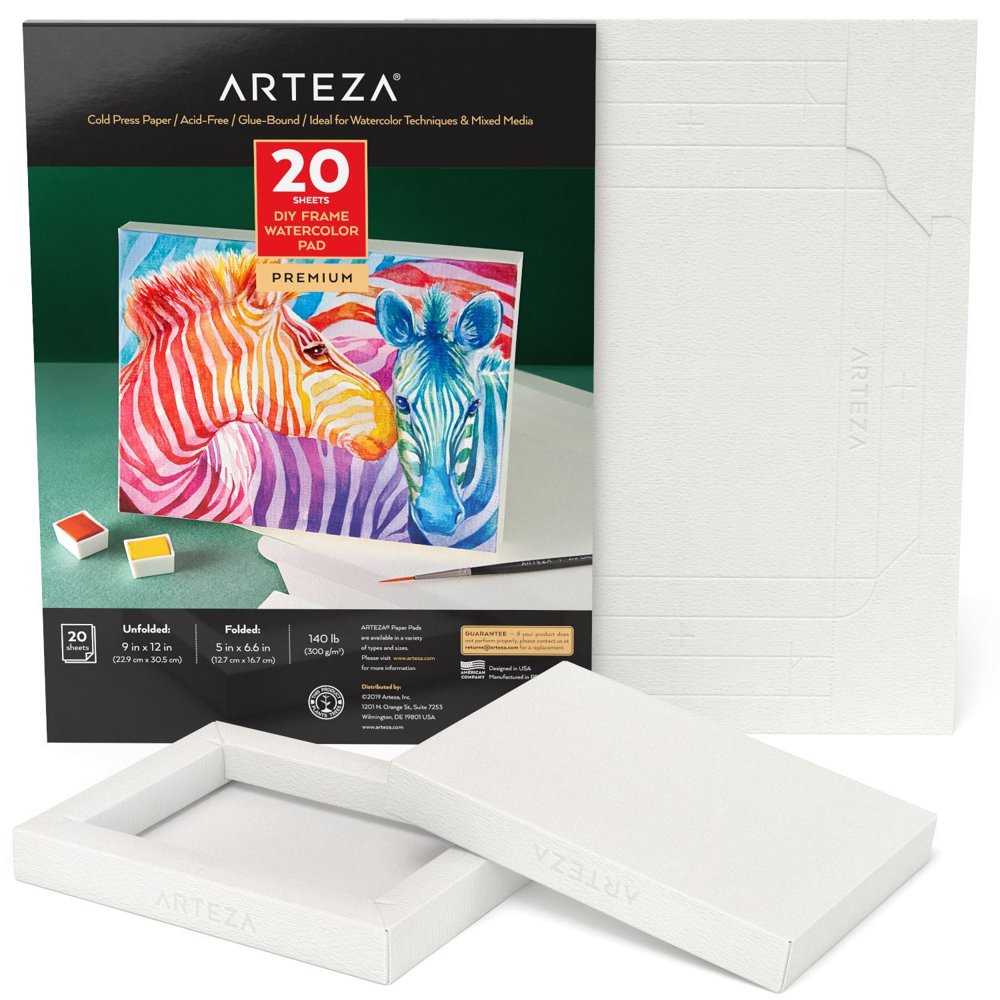 Arteza Watercolor Paper Pad, White DIY Frame, BleedProof Paper, 9"x12