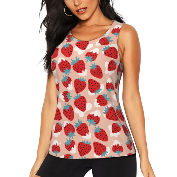 Fotbe Red Strawberry Blusas Sin Mangas para Mujer – Estilo Casual, Corte Suelto, Slim-Fit, Cuello Redondo Deportivo, Tops de Verano para Gimnasio y Yoga-Small