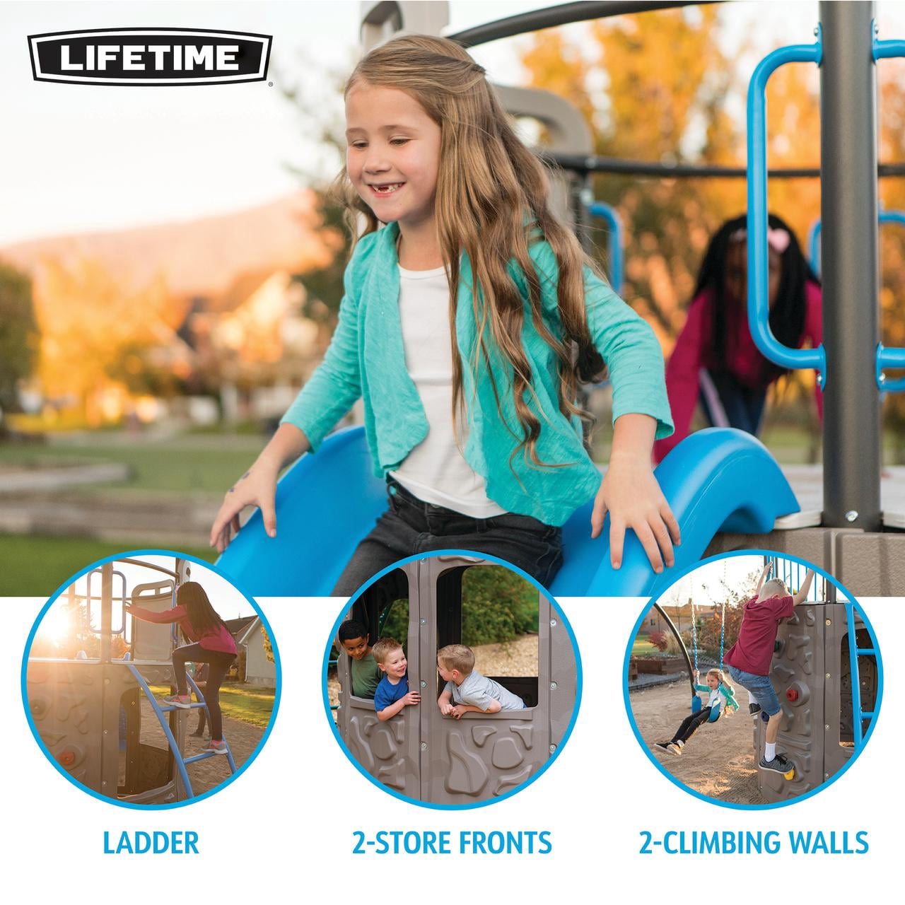 Lifetime Kid's Adventure Tower Swing Set with Slide, Belt Swings and Climbing Wall - Blue(91208)