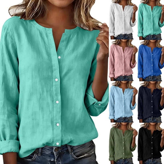 Gamivast Linen Shirts for Women Button Down Lightweight Long Sleeve Going out Tops Crewneck Relaxed Fitted Casual Blouses Dressy Spring Daily outfits